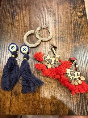 Mixed Statement Tassel Earrings Trio - Navy, Red & Gold